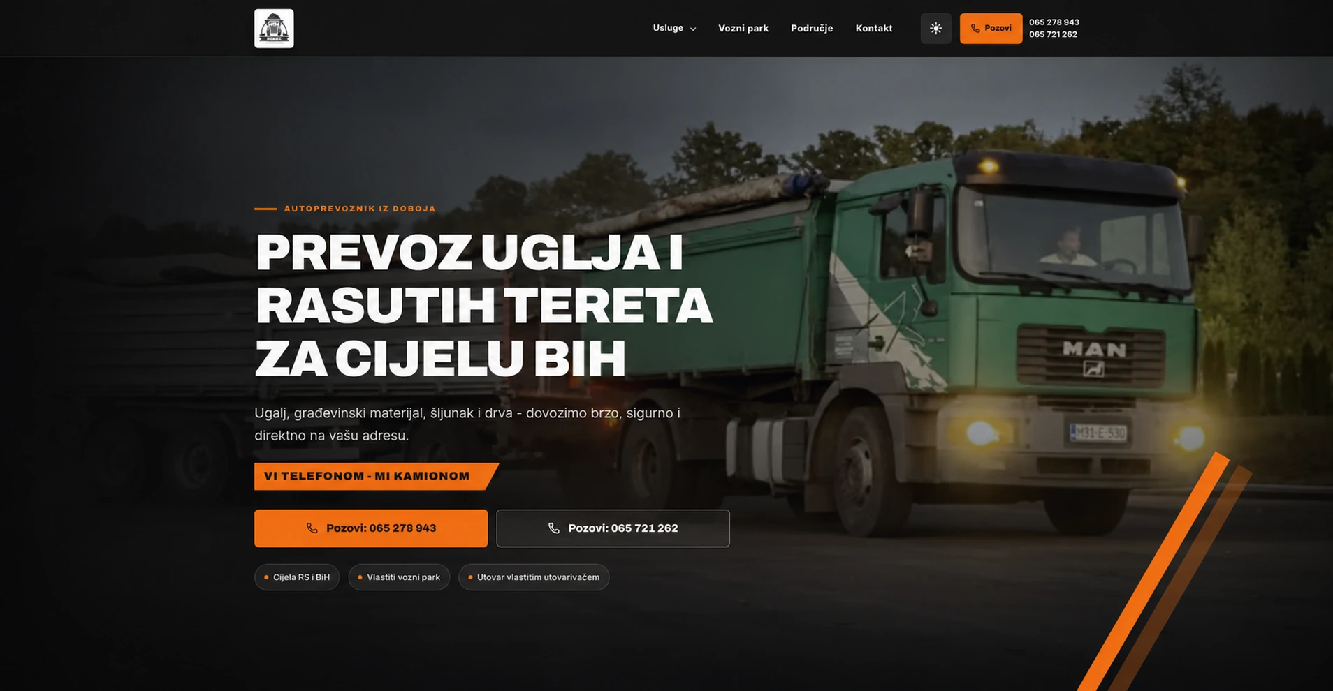 Početna stranica sajta Đukić Autoprevoznik sa kamionom i ponudom prevoza uglja i rasutih tereta
