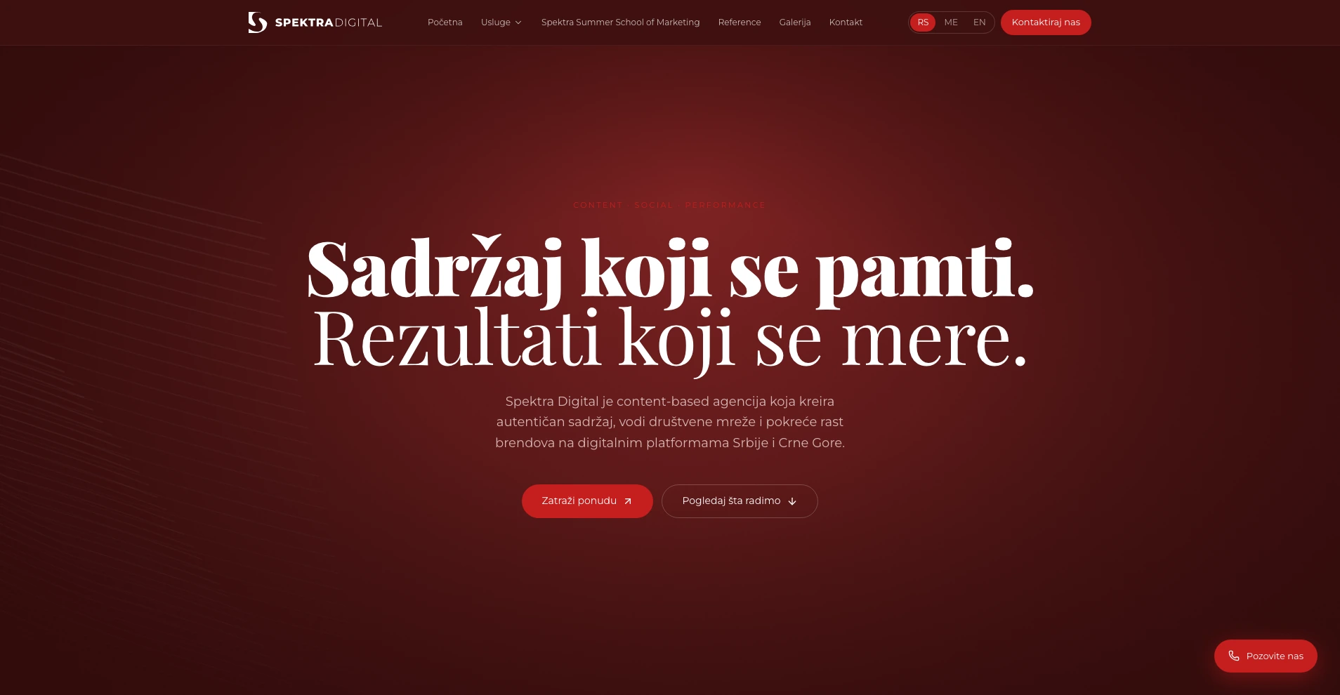 Početna strana Spektra Digital website-a sa bordo hero sekcijom i naslovom o sadržaju koji se pamti.