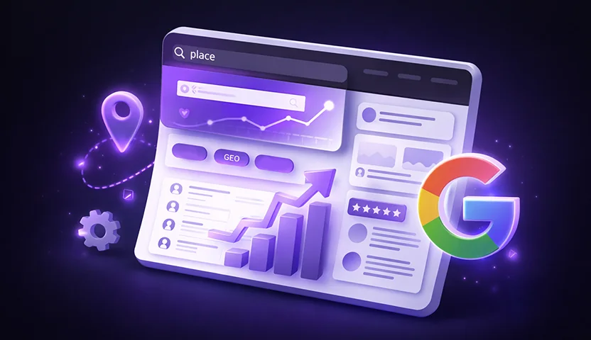 3D pogled SEO in GEO optimizacije z elementi iskanja, analitike in AI vidljivosti