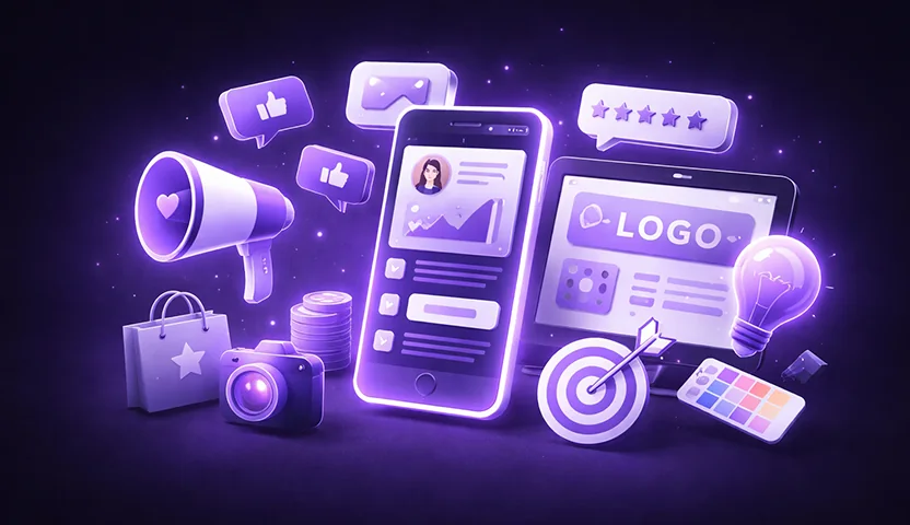 3D prikaz digitalnega marketinga z elementi brandinga, kampanj in analitike